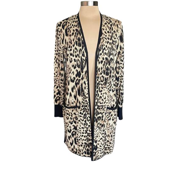 Chico's Animal Leopard Print Cardigan Sweater Size L Long Line Cozy Neutral Work - Picture 1 of 9